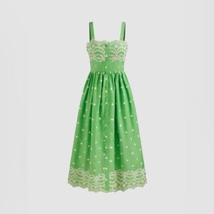 Cider Green Midi Dress with White Lace Accents